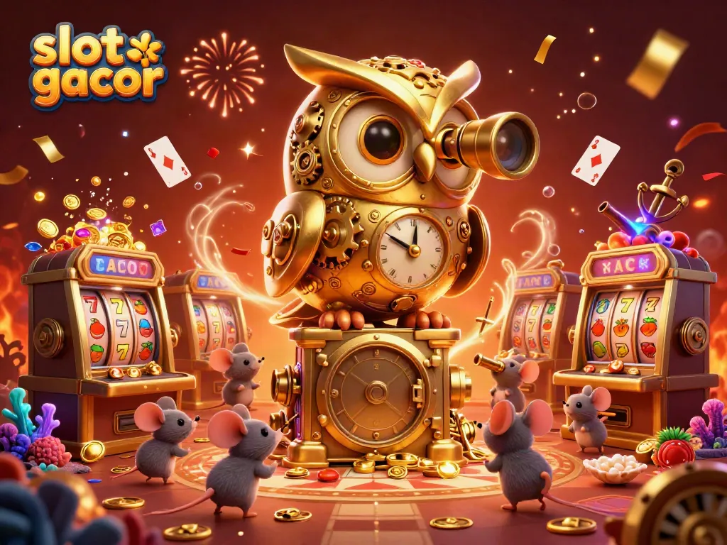 Engage with slot gacor in this vibrant casino scene featuring a golden owl and playful mice among slot machines and treasure.