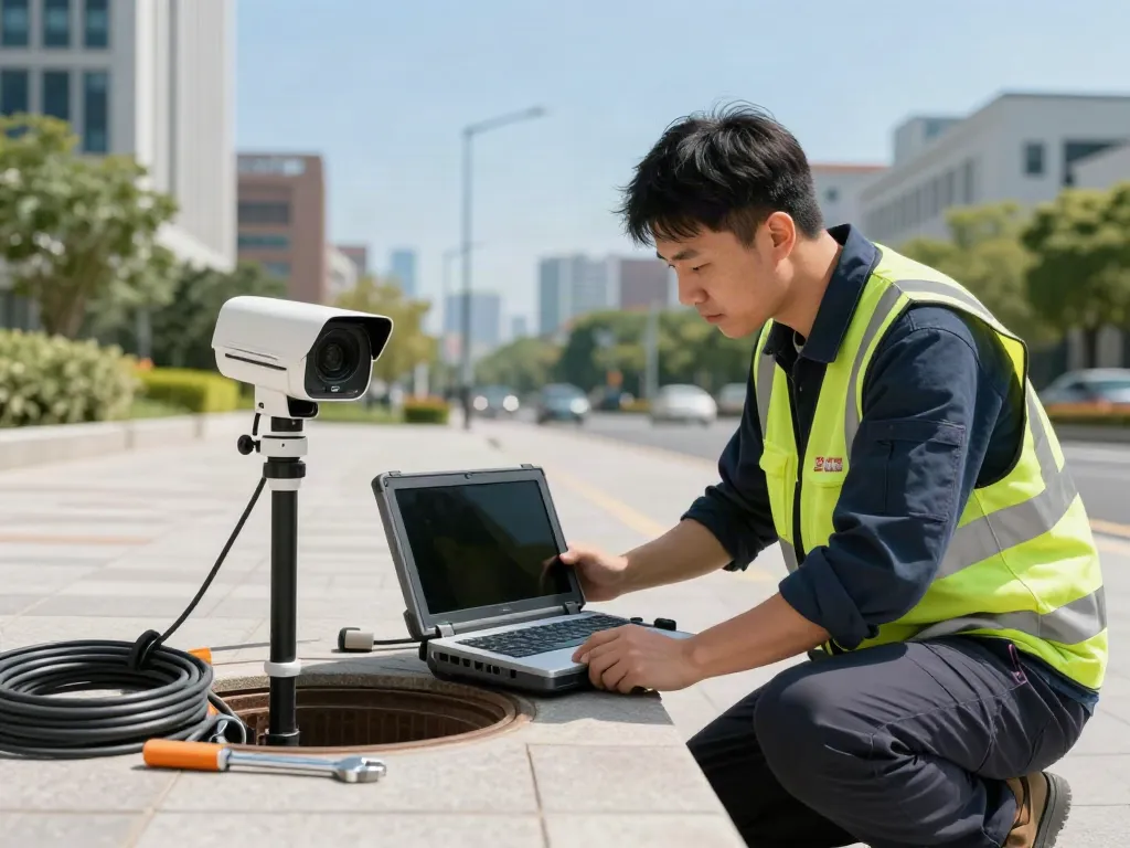 CCTV Drainage Survey Surrey technician analyzing drainage system in urban setting.
