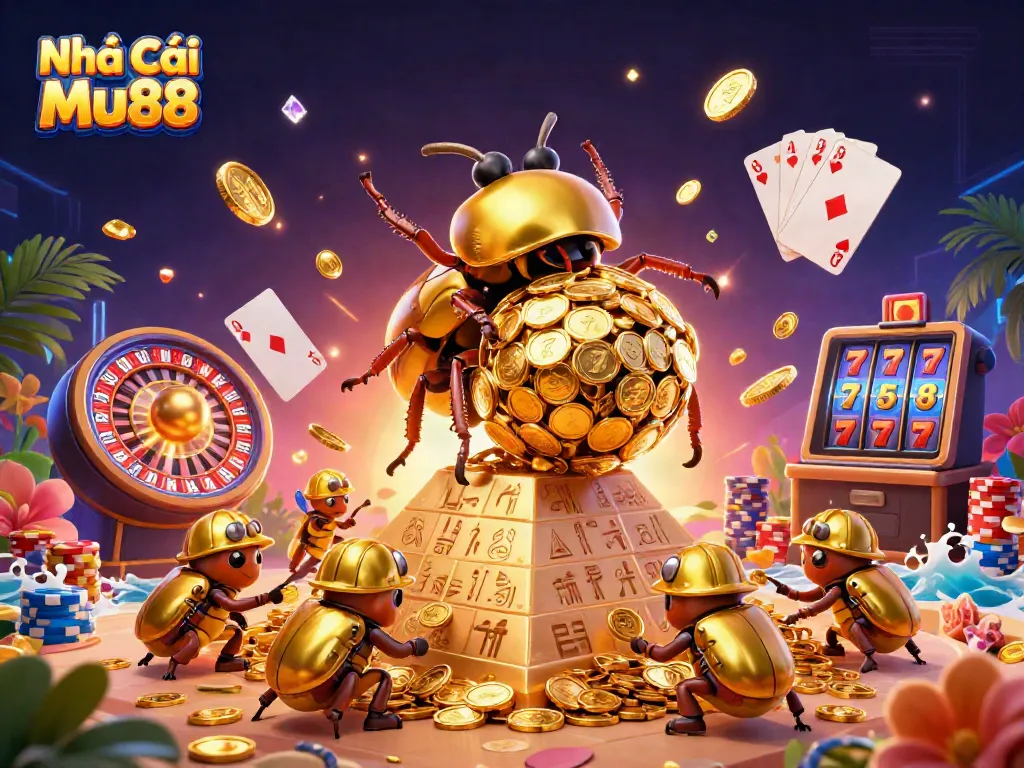Experience the excitement of Nhà Cái Mu88 with vibrant 3D characters, golden coins, and dynamic slot reels.