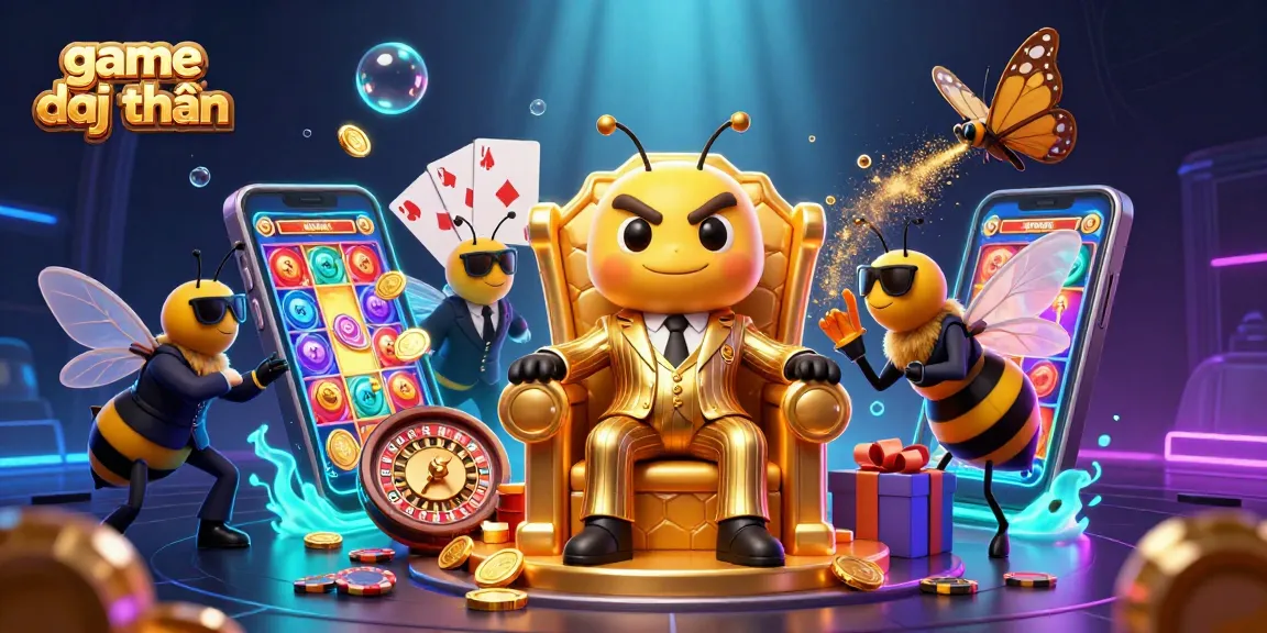 Engaging 3D scene of game đổi thưởng with a bumblebee mob boss, wasp bodyguards, and butterfly, surrounded by casino elements.