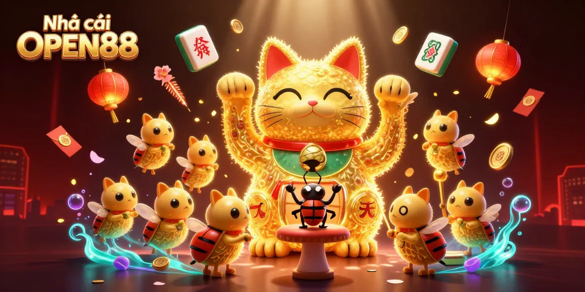 Experience fun with Nhà cái OPEN88 in a vibrant 3D illustration showcasing diverse casino elements and a lucky cat.