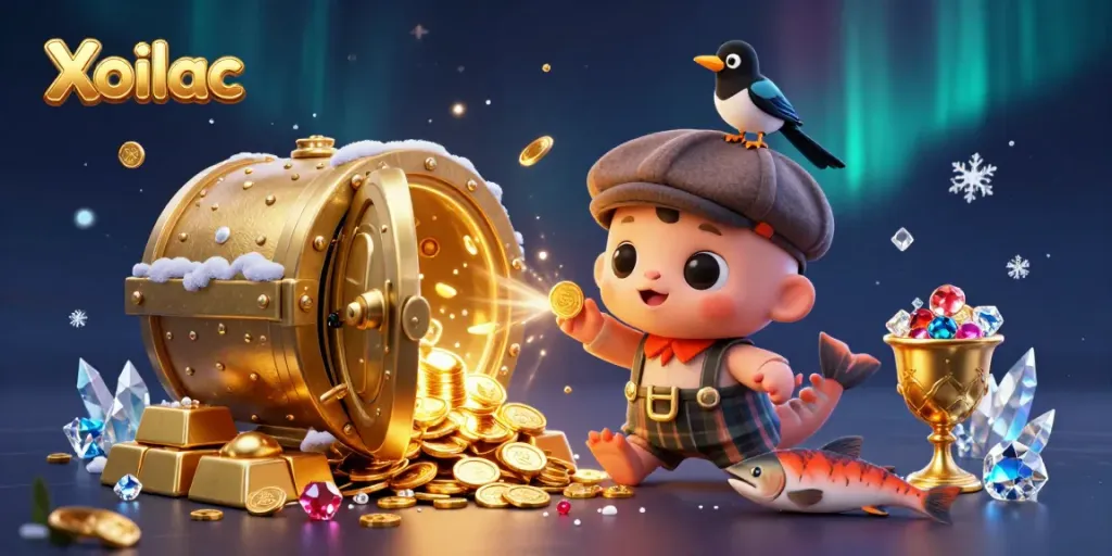 Experience the vibrant energy of Xoilac with dynamic characters and a treasure-filled scene showcasing exciting gambling potential.
