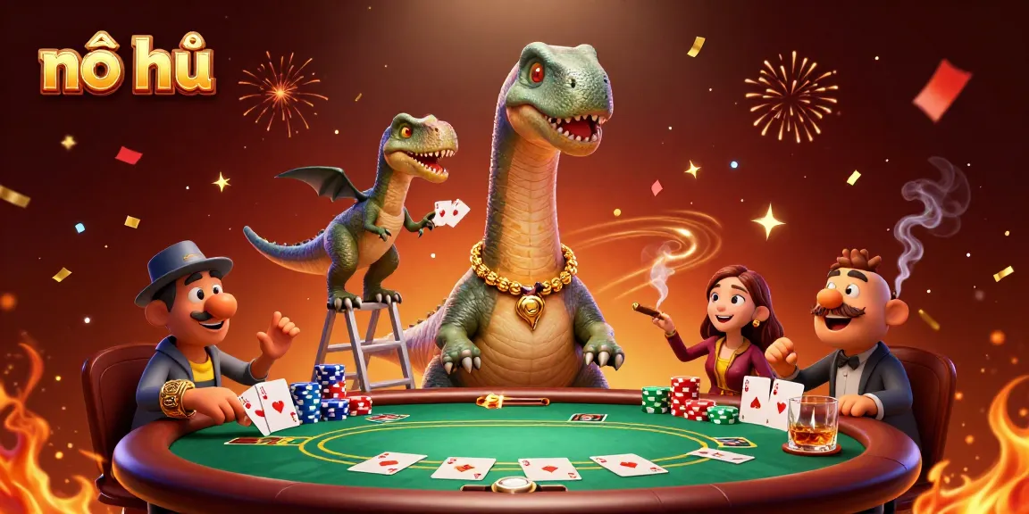 Experience the excitement of nổ hũ with a whimsical, colorful casino scene featuring animated dinosaurs and poker action.