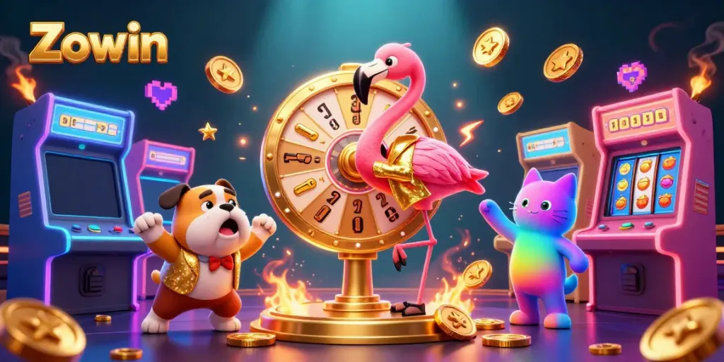 Zowin engaging scene with a game show host flamingo, excited bulldog, and cat assistant spinning prizes.