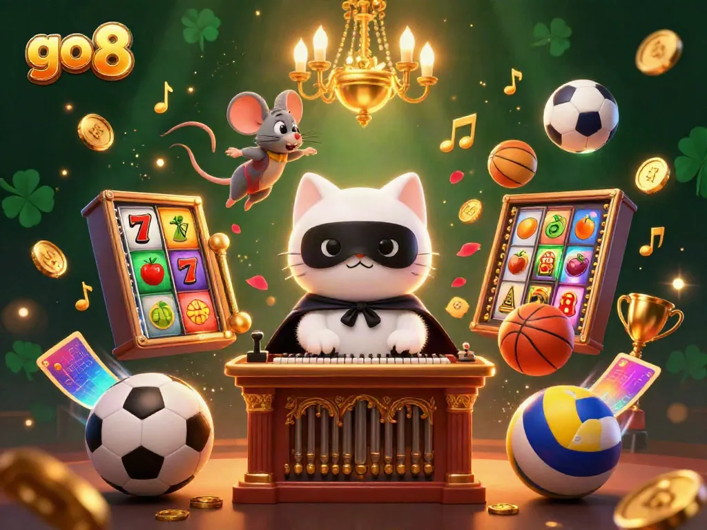 Engage in steep bets at the go 8 casino with a charming, vibrant 3D scene of a masked cat and mouse acrobat.