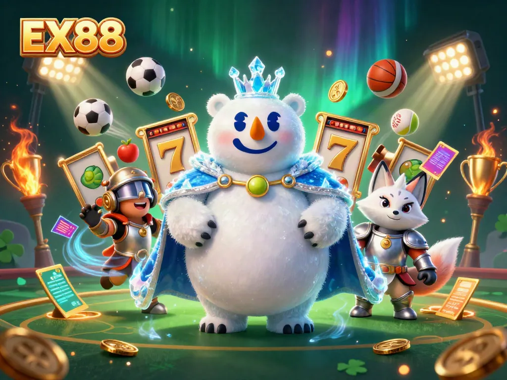 Engage in thrilling gaming with EX88, a majestic polar bear and fox amidst slot reels and gold coins.