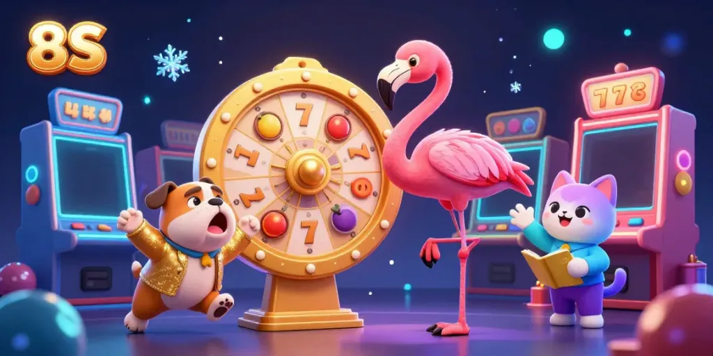 Spin the prize wheel for 8S rewards in this vibrant casino scene featuring a bulldog and flamingo.