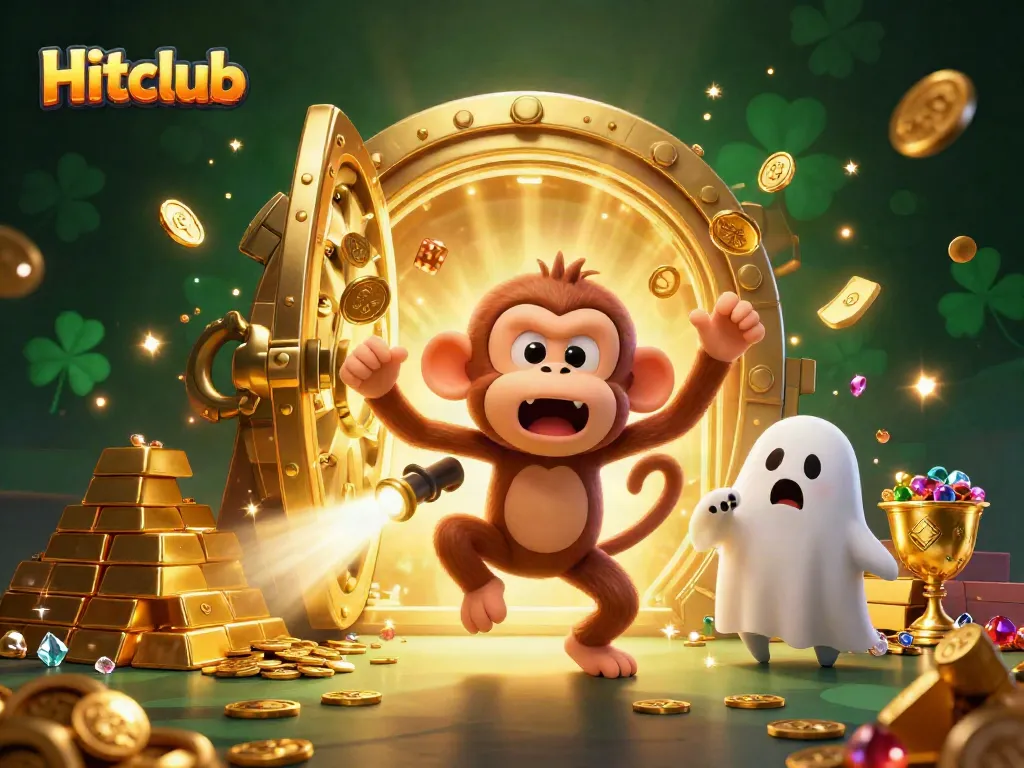Engage with Hitclub's vibrant casino scene featuring colorful characters and a treasure vault.