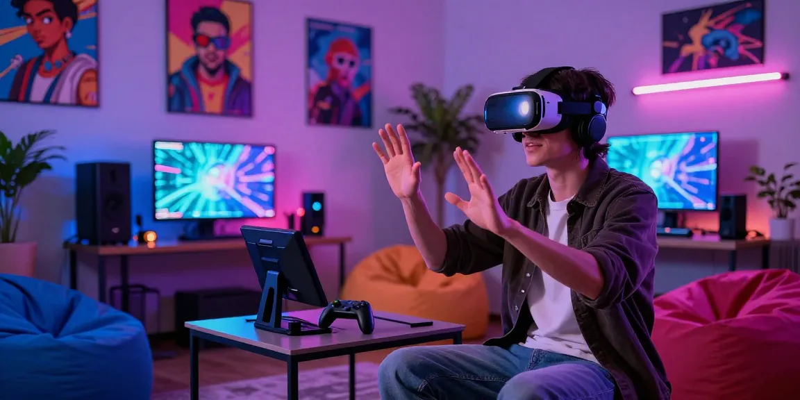 Interactive chat experience with AI sluts in a modern tech space featuring vibrant colors and immersive gadgets.