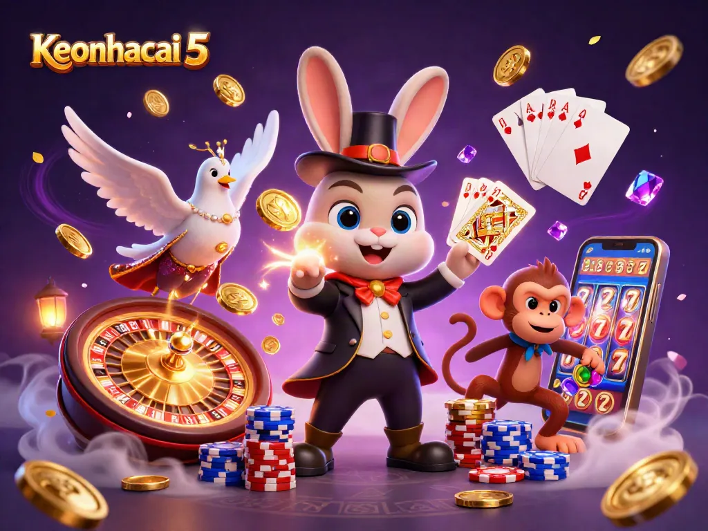 Experience Keonhacai 5 excitement as a magician rabbit conjures coins amidst dazzling casino elements.