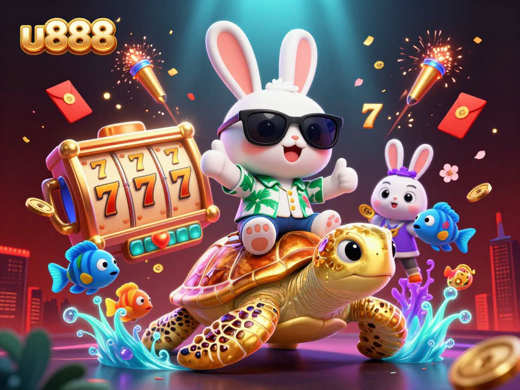 Join the vibrant world of u888 with a lucky rabbit and golden turtle celebrating casino games.
