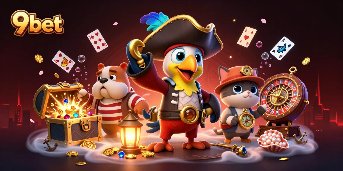9bet's captivating casino experience illustrated with a vibrant pirate scene full of gaming elements.