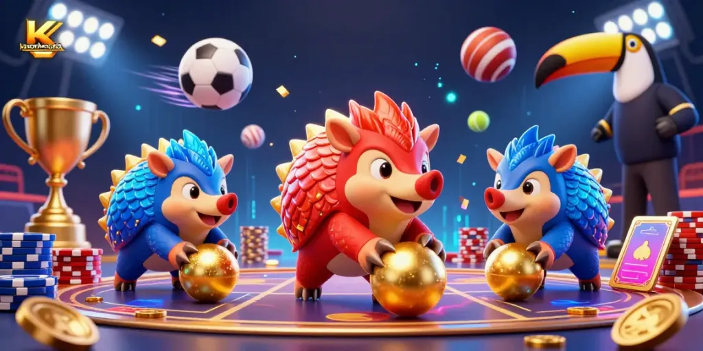 Engaging scene of keonhacaivietnam with pangolins competing in gambling amidst flying sports elements and a vibrant atmosphere.