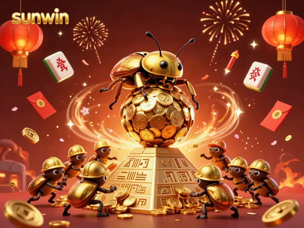 Experience thrilling gameplay with sunwin as a golden beetle rolls coins up a pyramid amidst casino elements.