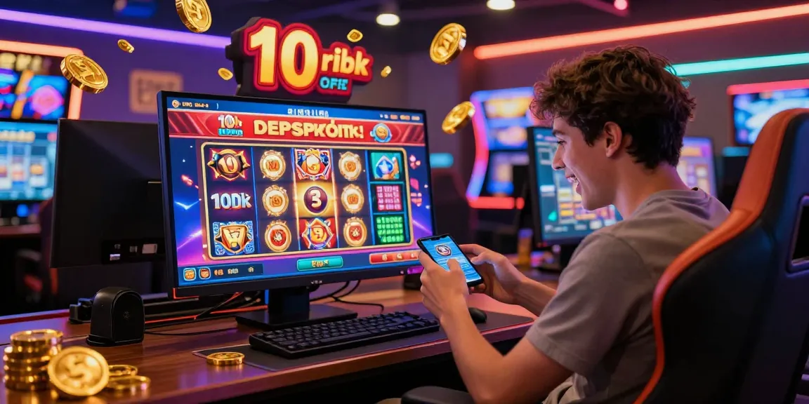 Energetic player enjoying situs slot deposit 10 ribu experience on smartphone with vibrant casino backdrop