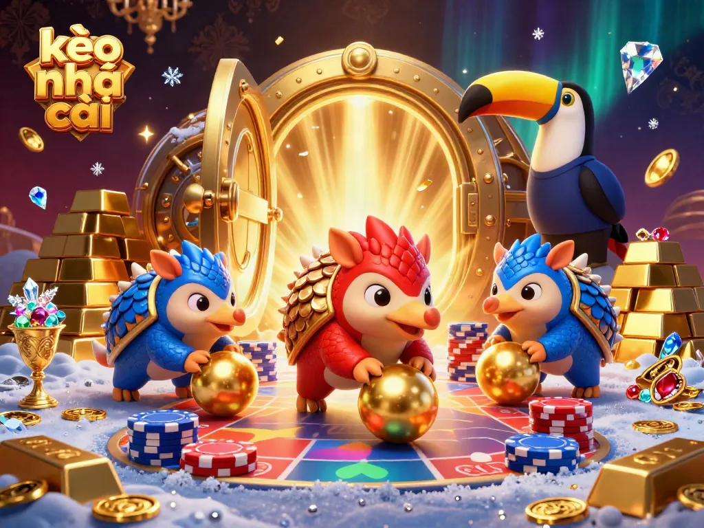 Watch kèo nhà cái pangolins compete in a thrilling bowling showdown amid gold treasures and poker chips.