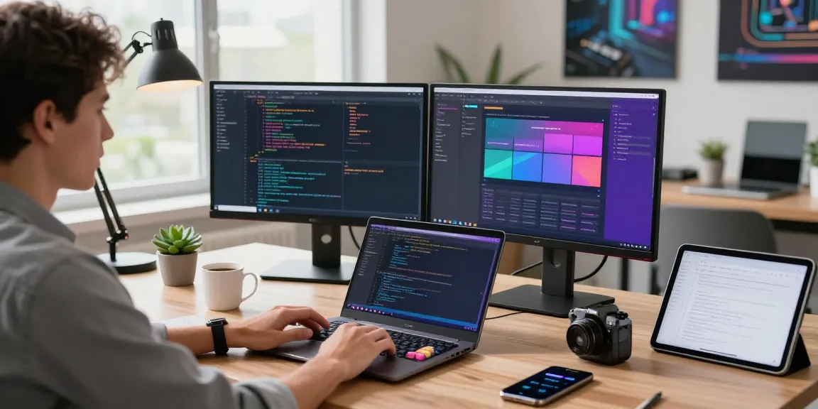 Developer coding in a professional workspace featuring WhatsApp下載 activity with vibrant screens and natural light.
