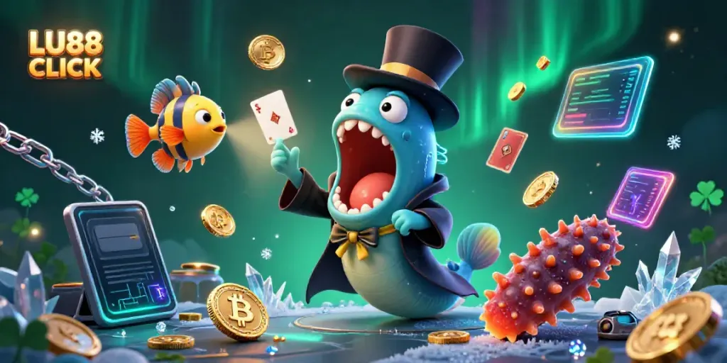 Engage with the whimsical LU88 CLICK casino scene featuring magical sea creatures and crypto symbols.