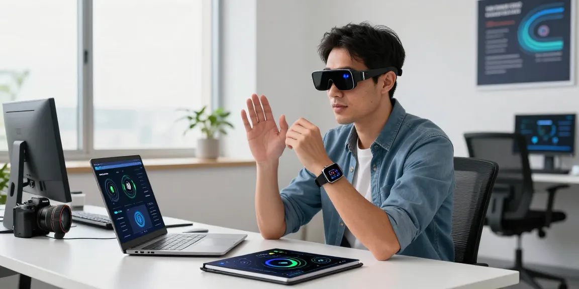 Tech enthusiast using AI wearables in a modern office, showcasing smart glasses and health metrics on a laptop.
