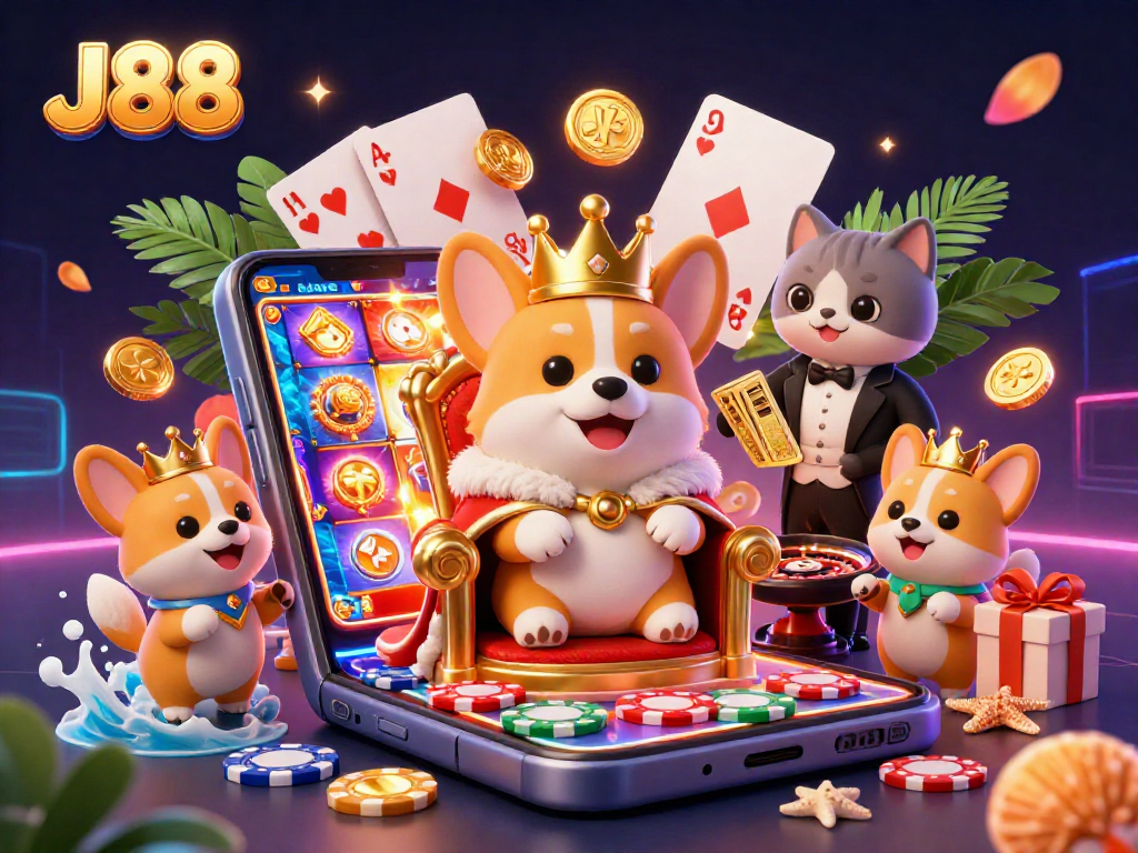 Experience thrilling wins with J88 in an ultra-detailed 3D illustration of playful corgis and casino excitement.