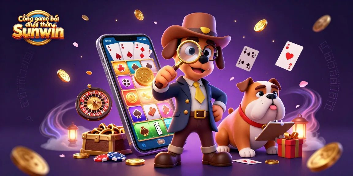 Cổng game bài đổi thưởng Sunwin features a detective duo discovering treasures among colorful casino elements.