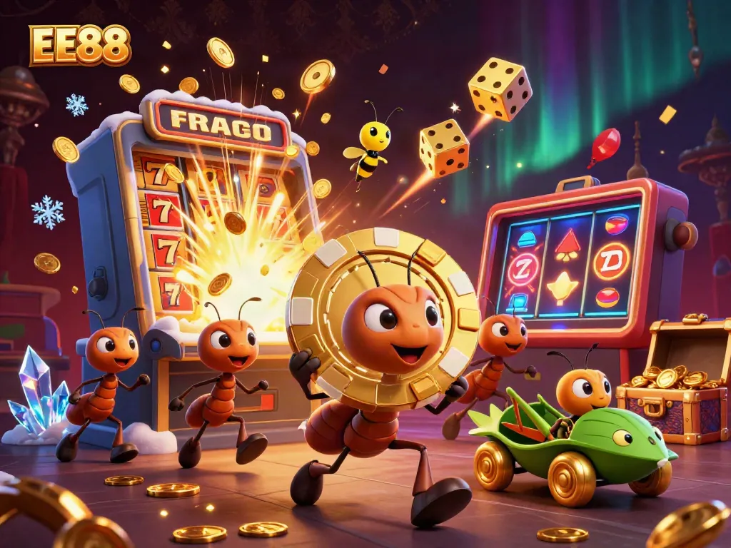 EE88 themed illustration of ants transporting a poker chip through a casino heist with exciting elements.