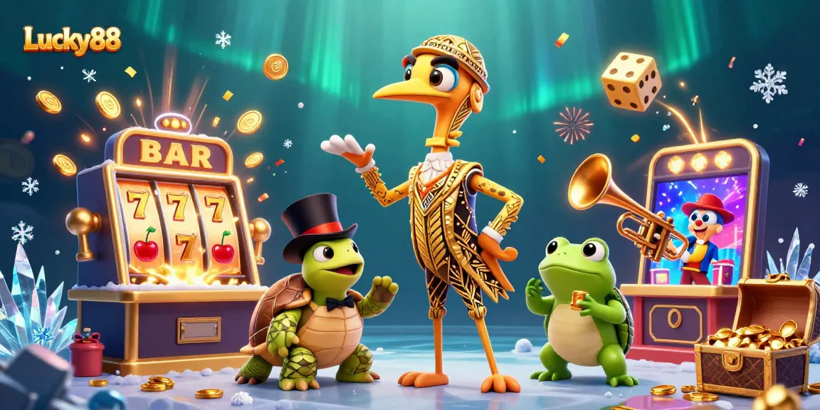 Engage in Lucky88 excitement with a vibrant casino scene featuring jackpot elements and animated characters.