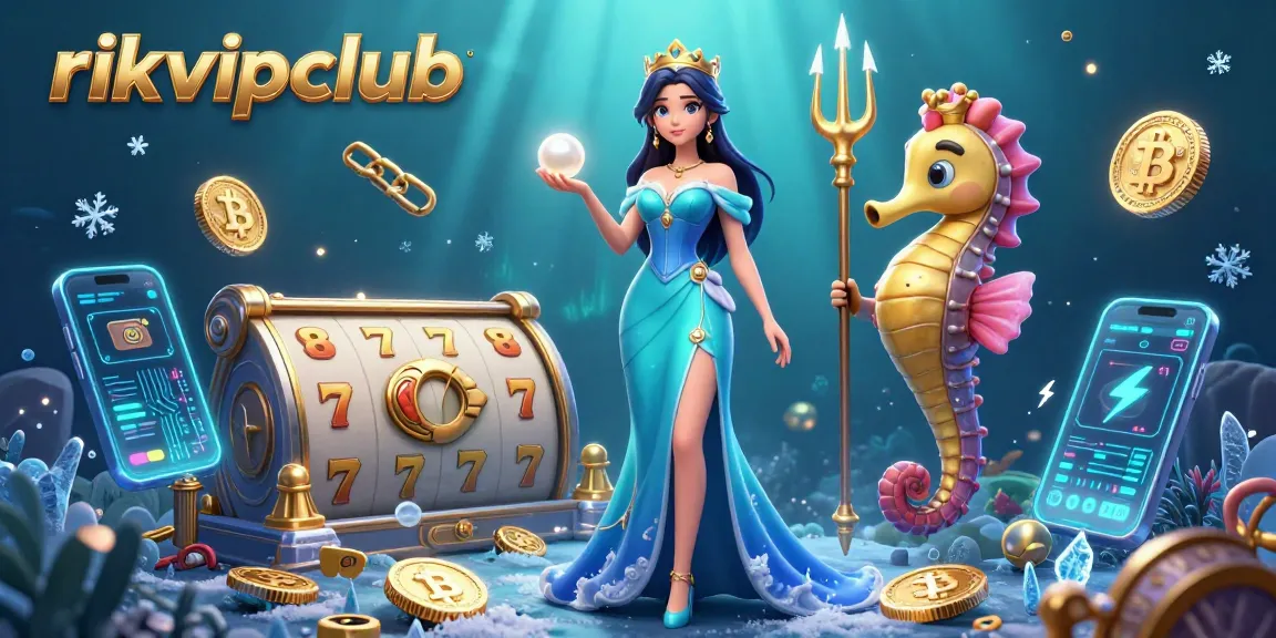 Engage with rikvipclub in a vibrant casino scene featuring slot game elements and treasures.