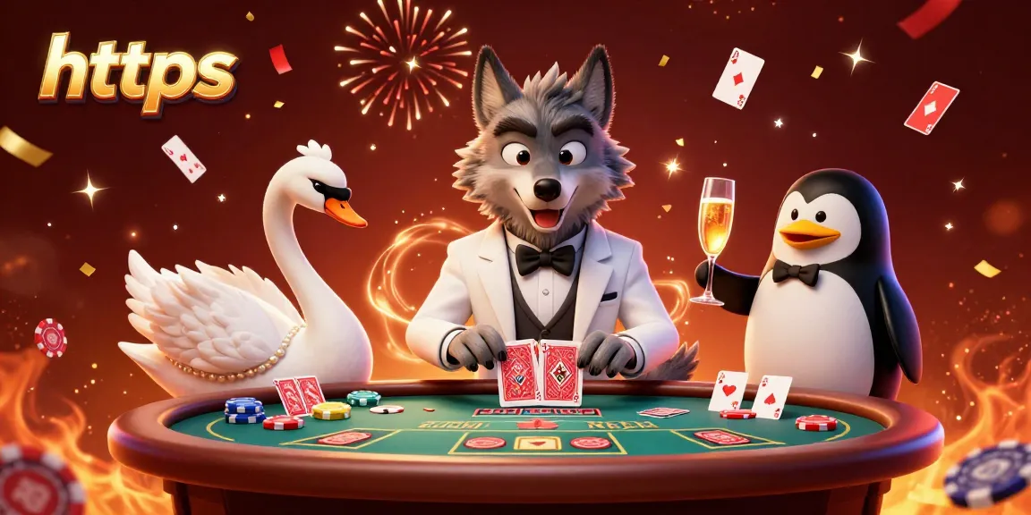 Experience thrilling online gaming at https with a debonair wolf, elegant swan, and sophisticated penguin in a lively casino scene.