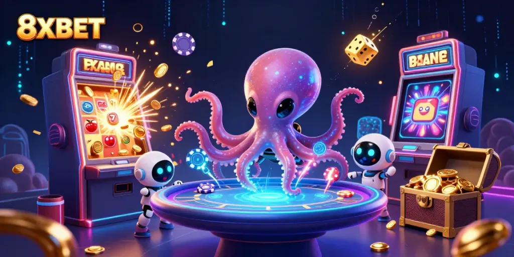 Experience thrilling gameplay with 8XBET as an alien octopus handles a holographic poker table.