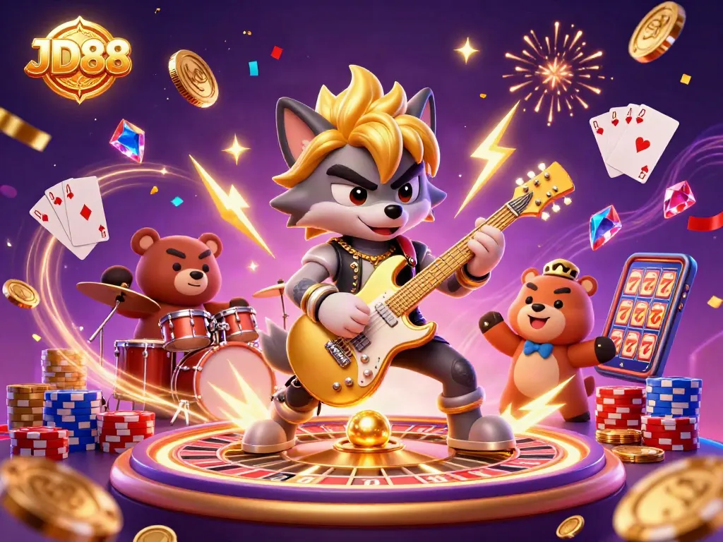 Experience the thrill of JD88 casino with vibrant gaming action and dynamic character illustrations.