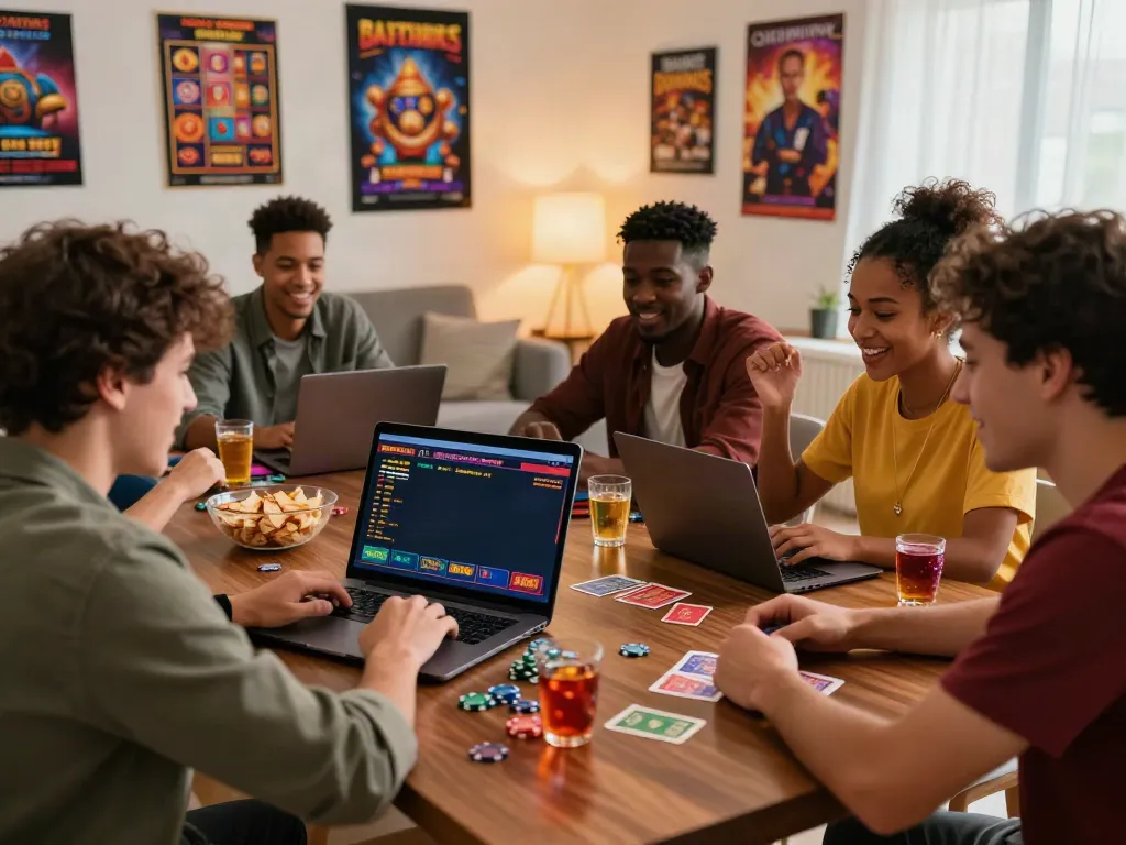 Friends enjoying online casinos not on GamStop around a laptop with snacks and drinks in a cozy room