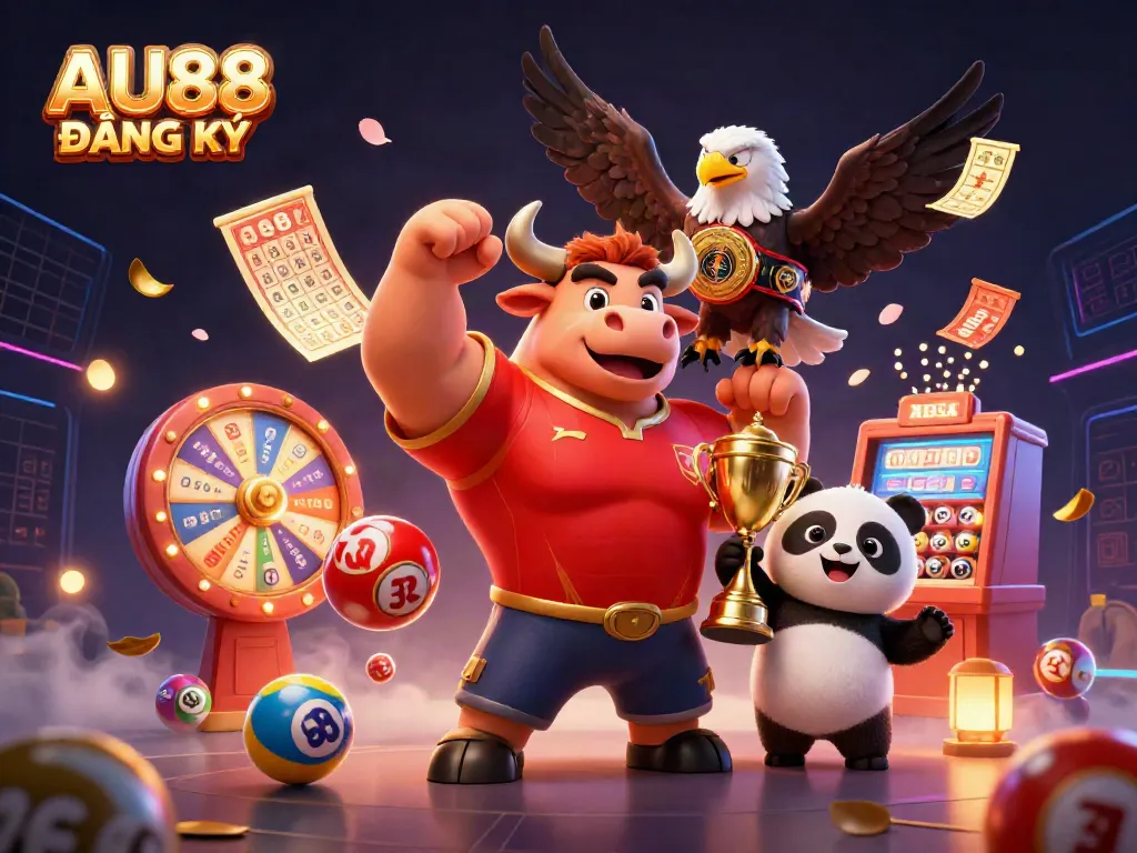Experience the excitement of AU88 ĐĂNG KÝ with a dynamic 3D casino illustration featuring a cartoon bull mascot, eagle, and panda amidst colorful game elements.