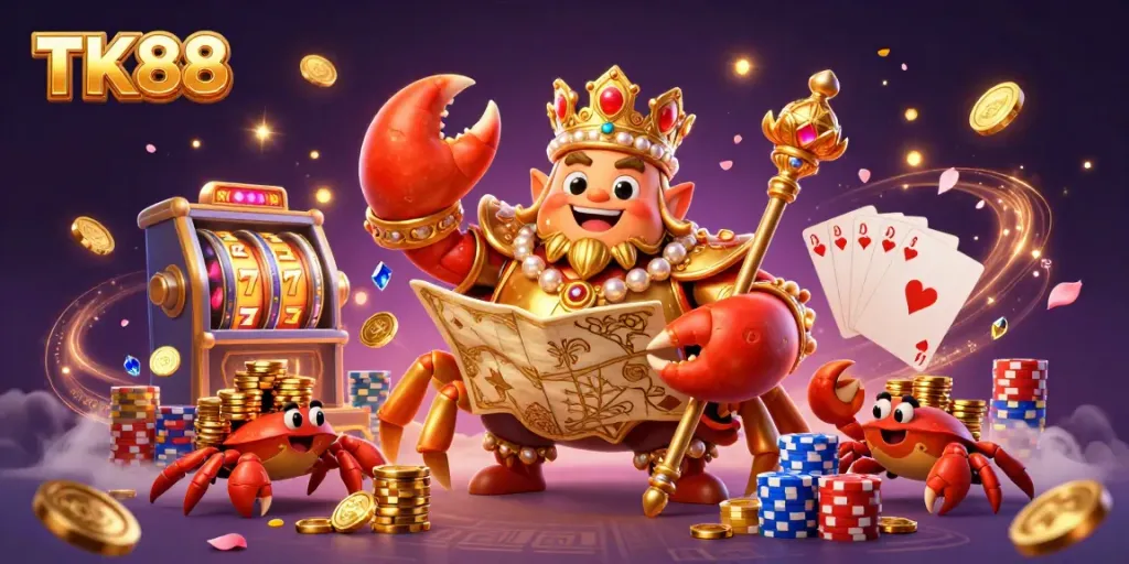 Experience the excitement of TK88 with a golden crab emperor and treasures in a vibrant casino scene.