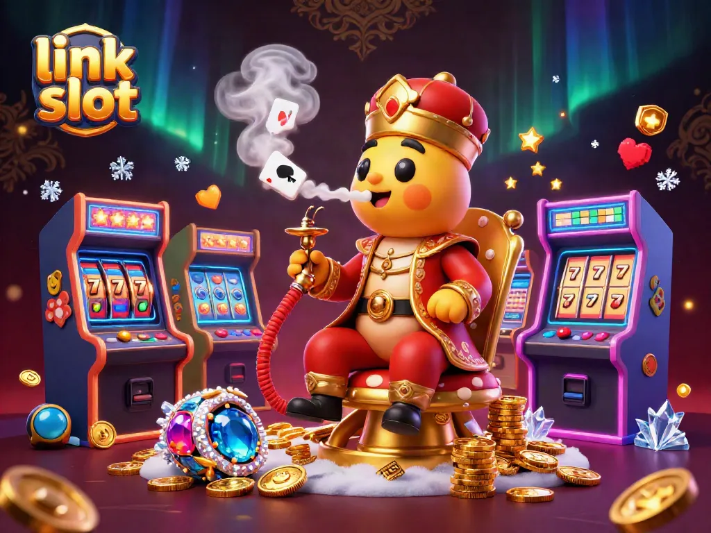 Engage in thrilling games with the latest link slot visual, featuring vibrant casino symbols and 3D characters.