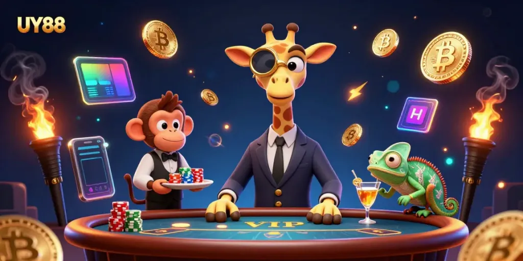 Engage in thrilling gameplay at UY88 with colorful casino characters and vibrant crypto elements.
