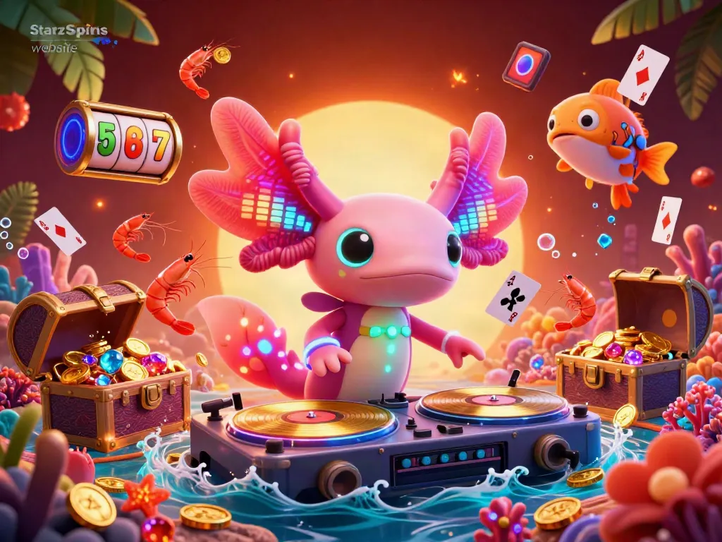 Experience dynamic gaming vibes with characters from the StarzSpins website in an exhilarating underwater casino scene.