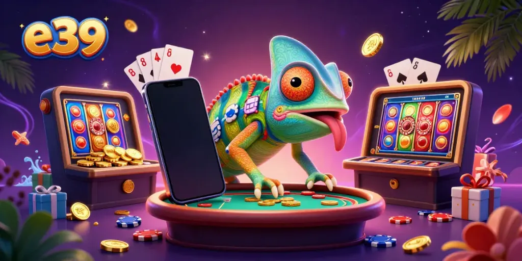 Experience the vibrant casino atmosphere with e39's unique chameleon and exciting game elements.