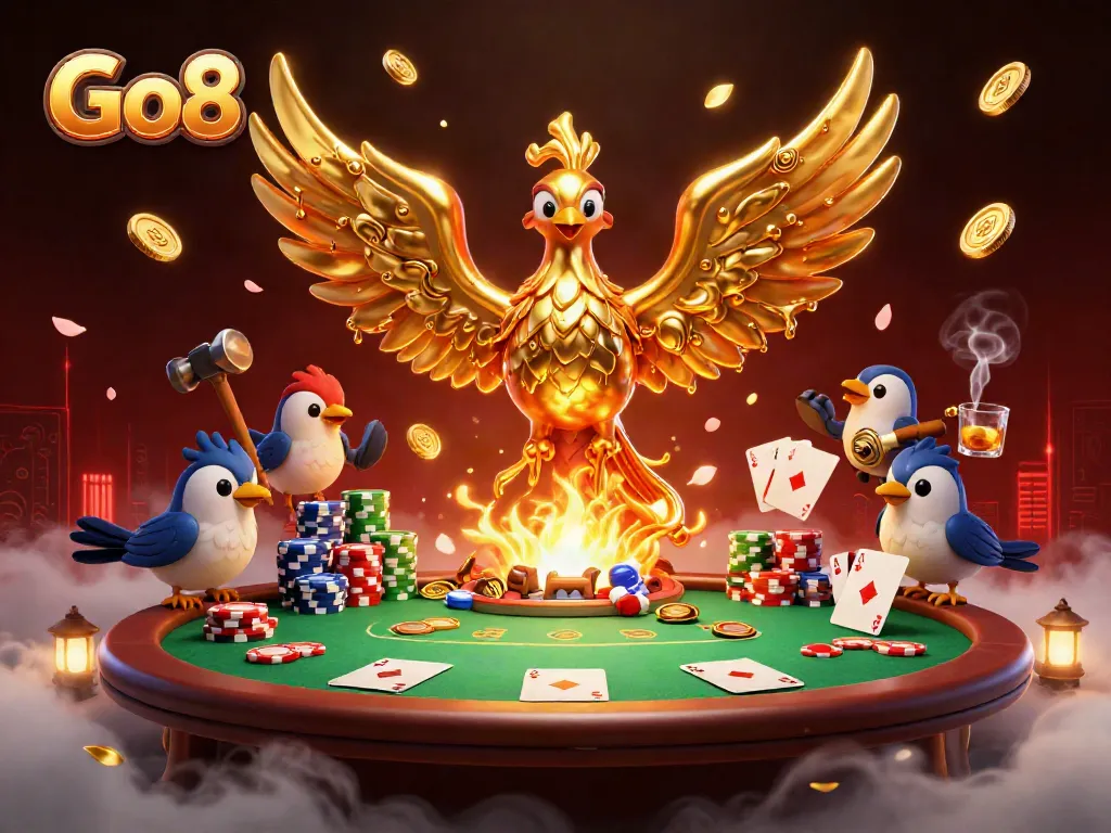Go8 showcases a molten golden phoenix, vibrant poker elements, and a captivating casino atmosphere.