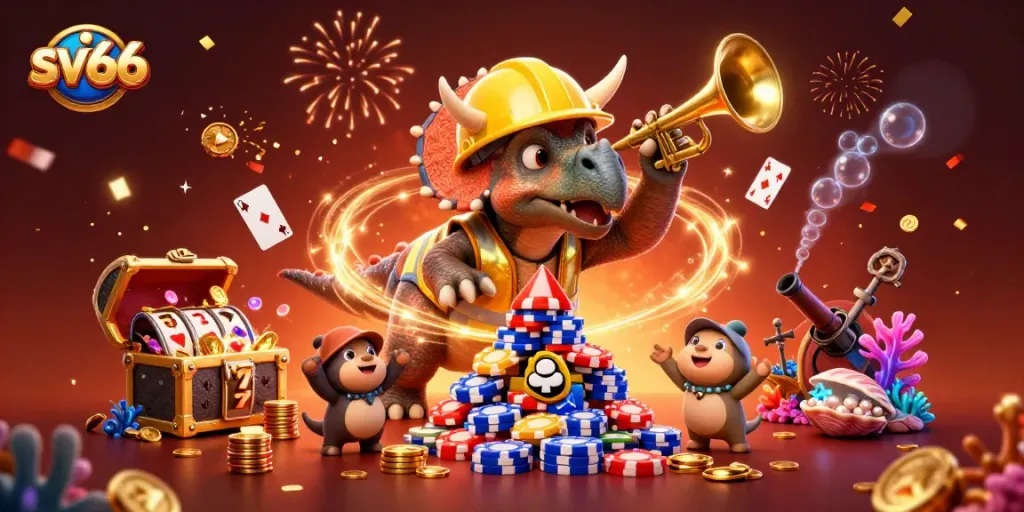 Celebrate with sv66 as a triceratops builds a poker chip pyramid amidst vibrant casino elements.