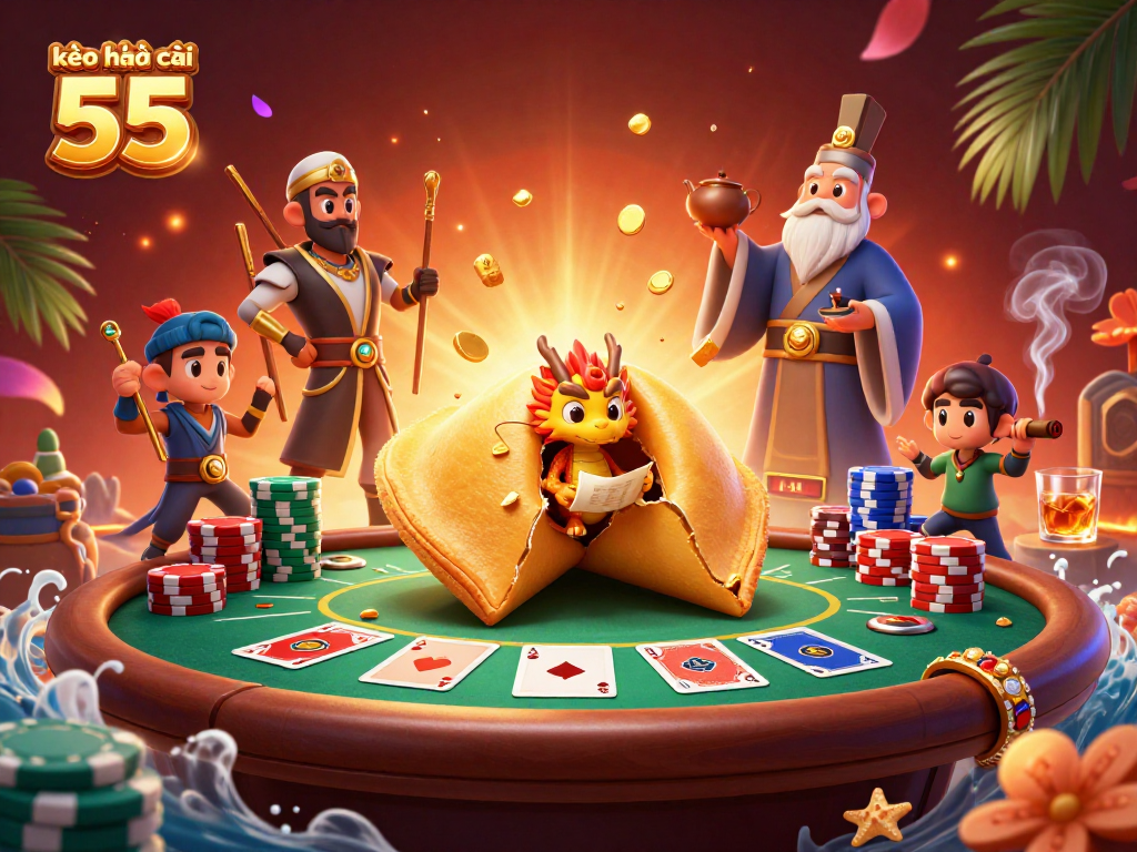 Engage with kèo nhà cái 55 through a vibrant casino scene featuring fortune elements and poker dynamics.