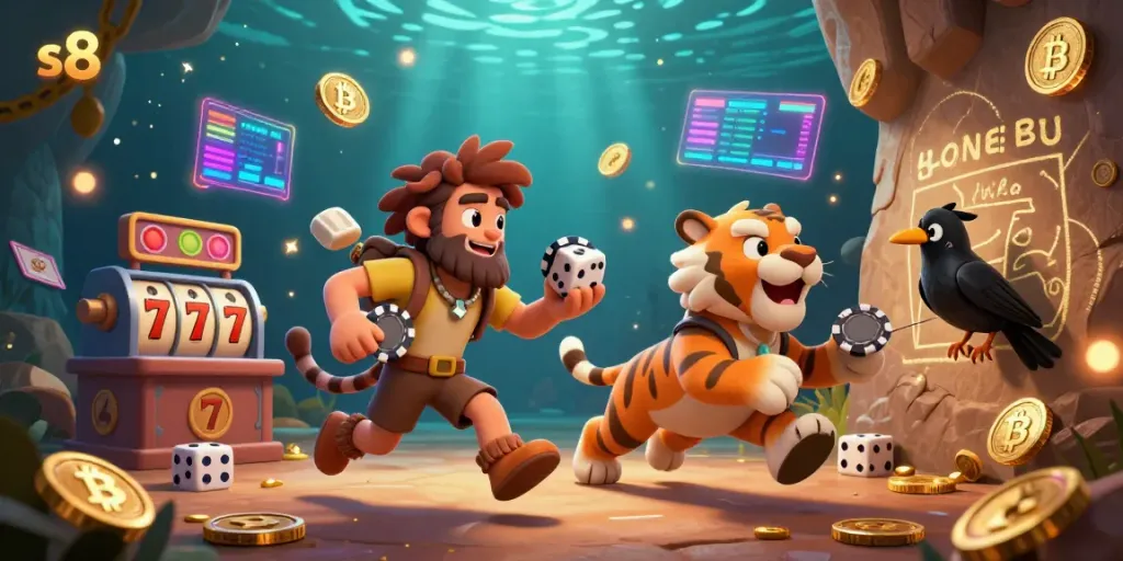 Experience thrilling casino action at s8 with a caveman and sabertooth duo using blockchain elements and colorful slot symbols.