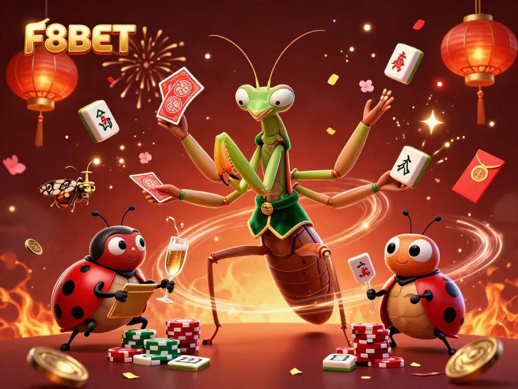 F8BET casino heroes celebrating with vivid games and rich elements, showcasing unique character dynamics in an online gambling scene.