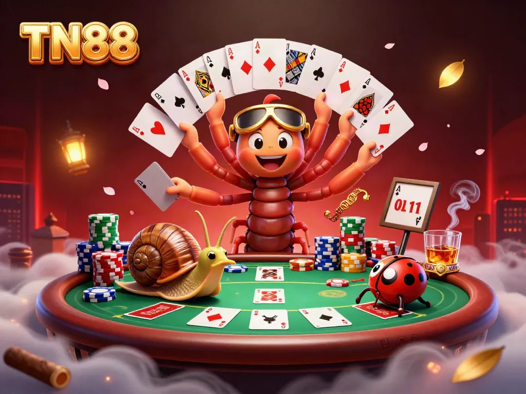 Engaging illustration of TN88 featuring a colorful casino scene with a millipede dealer and chip stacks.
