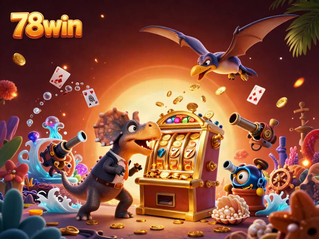 Experience the excitement of 78win with a dinosaur-themed casino adventure featuring slot machines and jackpot coins.