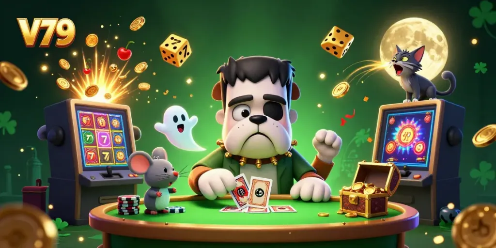 V79 showcases a lively casino scene with a Frankenstein bulldog dealer and a ghost mouse amidst a jackpot explosion.
