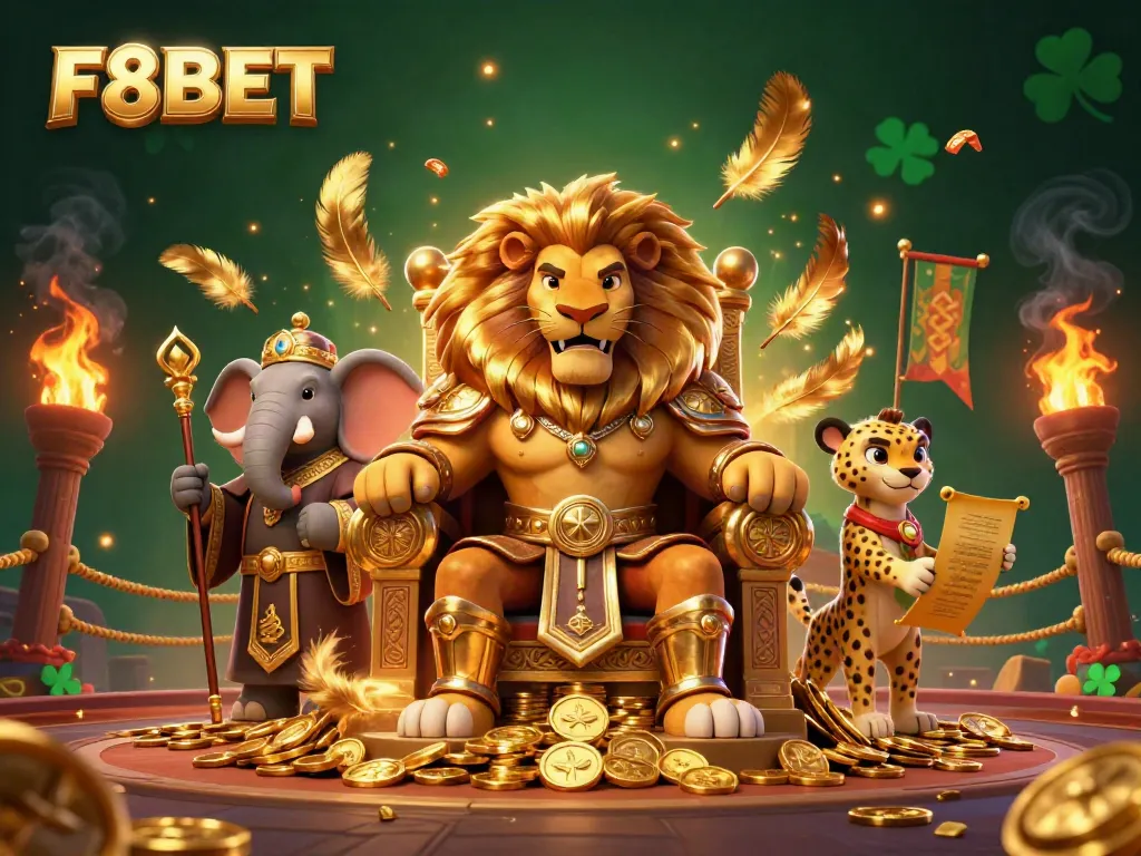 Engage with the thrilling world of F8BET; a dynamic 3D illustration featuring key casino elements and characters.
