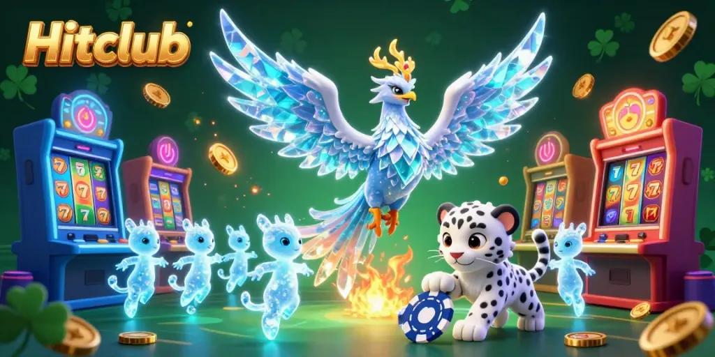 Engage with the dynamic Hitclub casino experience featuring vibrant slot machines and lively characters.