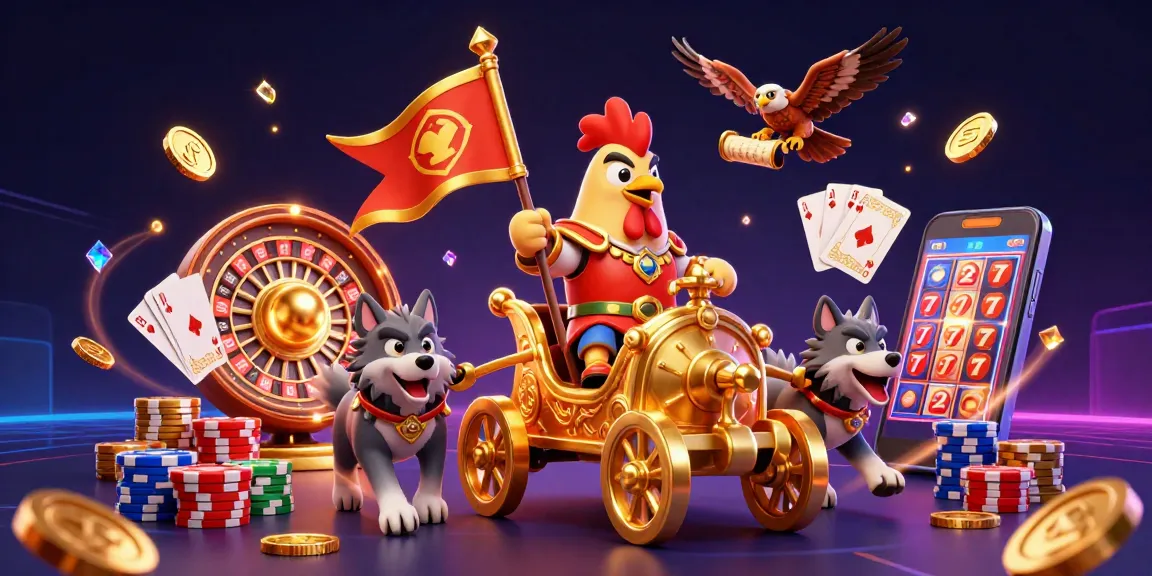 Engaging da88 casino scene with a rooster warlord and golden chariot, surrounded by vibrant gambling elements.