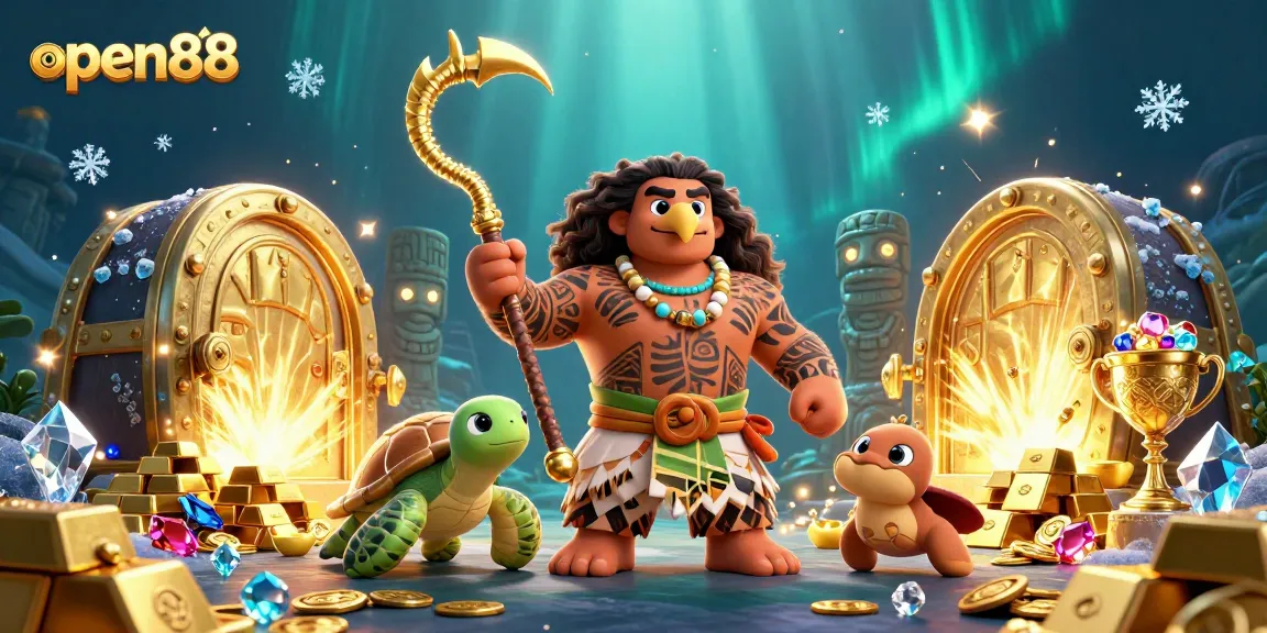 Bet big with open88 in a vibrant casino scene featuring treasures and rich gaming elements.